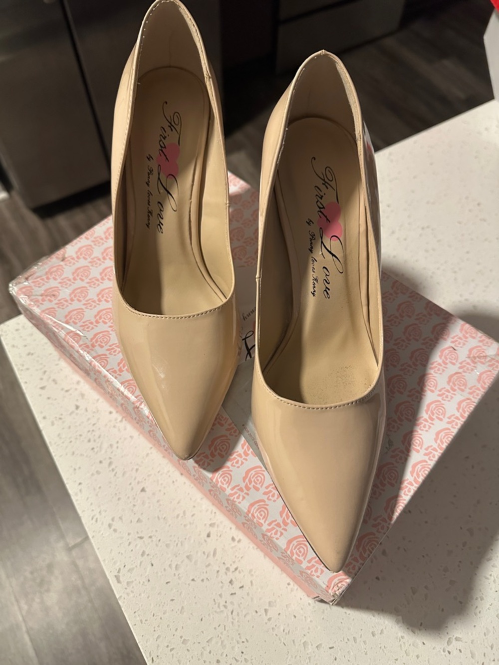First Love Beige Patent Pointed-Toe Pumps